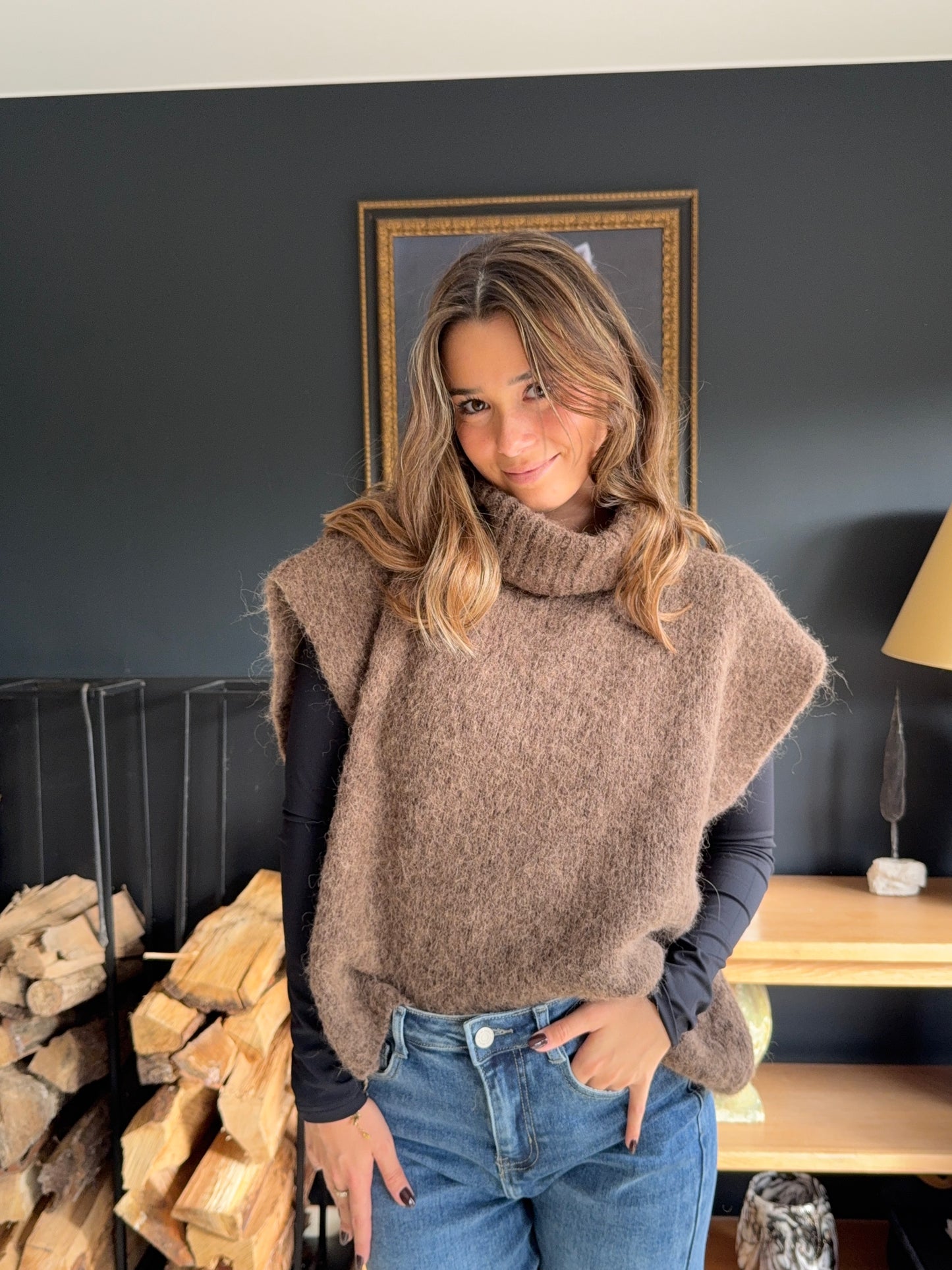 Pull col roulé sans manches Eline (brun)