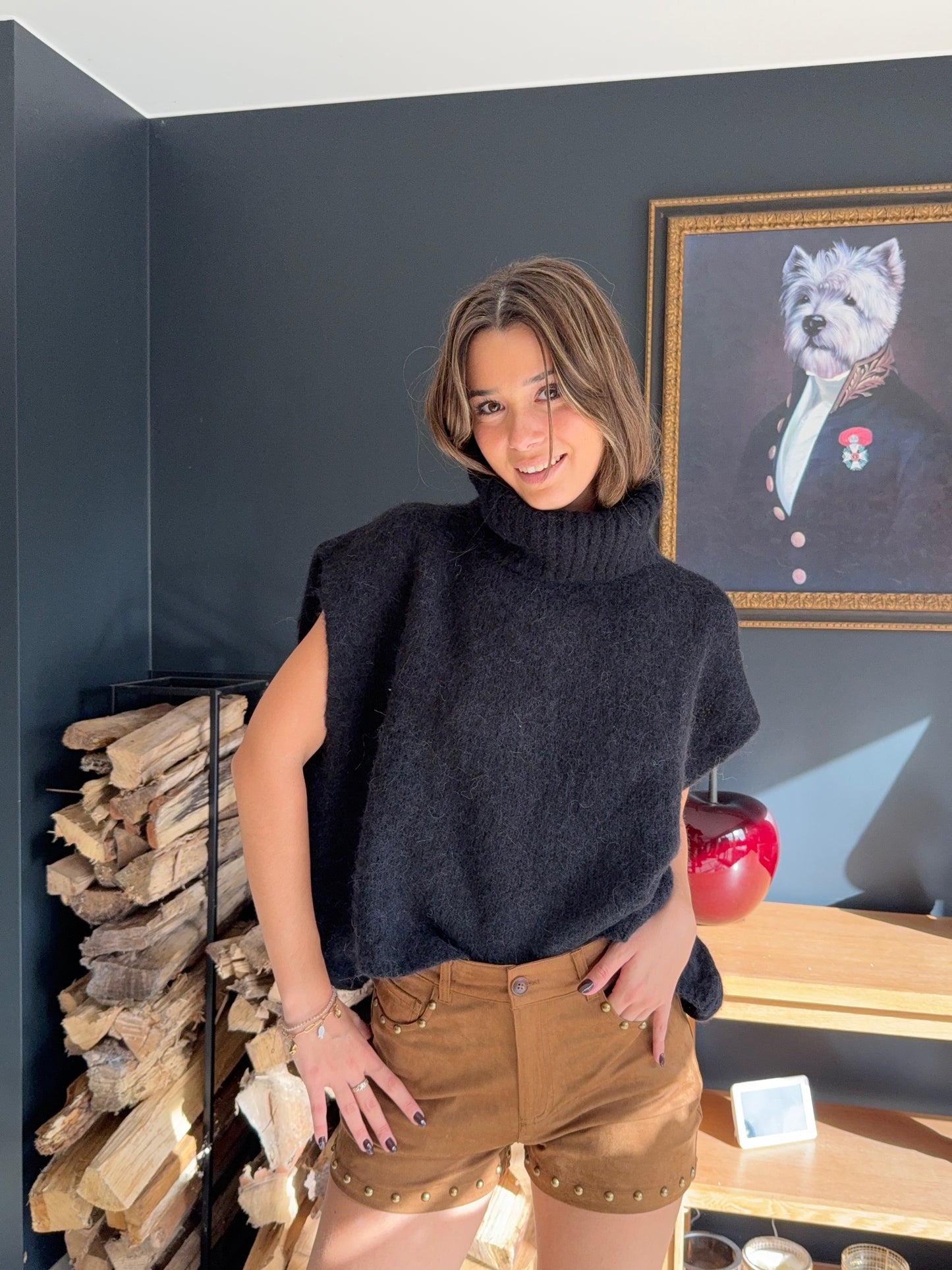 Pull col roulé sans manches Éline (noir)